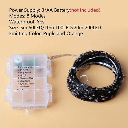 5M-20M LED Purple Orange String Light Outdoor Battery Powered Halloween Fairy Lights For Christmas Party Garden Halloween Decor